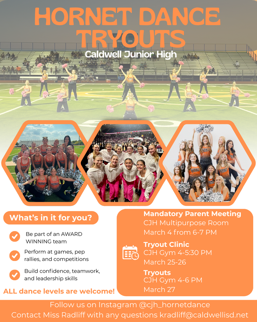 𝗛𝗼𝗿𝗻𝗲𝘁 𝗝𝘂𝗻𝗶𝗼𝗿 𝗛𝗶𝗴𝗵 𝗗𝗮𝗻𝗰𝗲 𝗧𝗿𝘆𝗼𝘂𝘁𝘀 𝗮𝗿𝗲 𝗰𝗼𝗺𝗶𝗻𝗴 𝘂𝗽! 🧡  If you’re interested in being part of an award-winning team, mark your calendar and join us at Caldwell Junior High. All dance levels are welcome!  See graphic for meeting and tryout details.