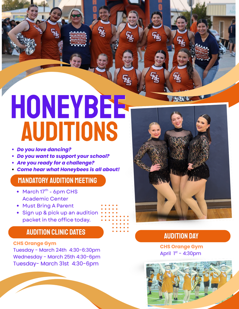 🐝✨ 𝐇𝐨𝐧𝐞𝐲𝐛𝐞𝐞 𝐀𝐮𝐝𝐢𝐭𝐢𝐨𝐧𝐬 𝐀𝐫𝐞 𝐂𝐨𝐦𝐢𝐧𝐠! ✨🐝  Are you an incoming 9th-12th grader who loves to dance? Want to support your school? Ready for a challenge? Now’s your chance to be part of the Honeybees! Mark your calendar for the mandatory audition meeting on March 17 and start preparing for audition clinics later this month.  𝑾𝙚 𝙘𝒂𝙣’𝙩 𝙬𝒂𝙞𝒕 𝒕𝙤 𝙨𝒆𝙚 𝙤𝒖𝙧 𝙛𝒖𝙩𝒖𝙧𝒆 𝑯𝙤𝒏𝙚𝒚𝙗𝒆𝙚𝒔 𝒔𝙝𝒊𝙣𝒆! 🧡 #CaldwellProud #CaldwellISD