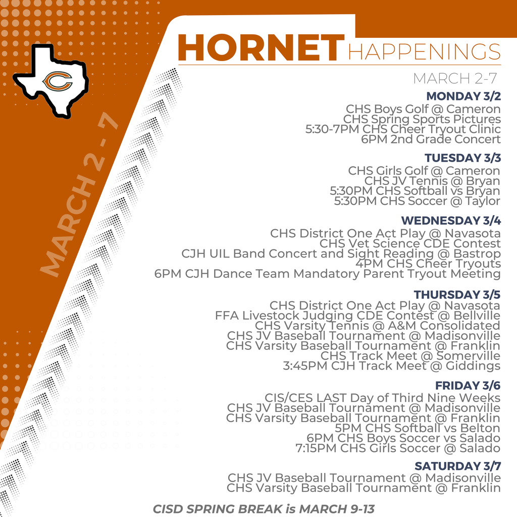 Itโs the final stretch before Spring Breakโฆ and the schedule is packed! ๐ธ From One Act Play and CDE contests to baseball tournaments, soccer matches, track meets, concerts, tryouts, and the end of the nine weeks โ our Hornets are BUSY! Check out this weekโs Hornet Happenings and come out to support our students as we head into Spring Break next week (March 9โ13)! Letโs finish strong, Caldwell! ๐งก๐ค #CaldwellProud #CaldwellISD