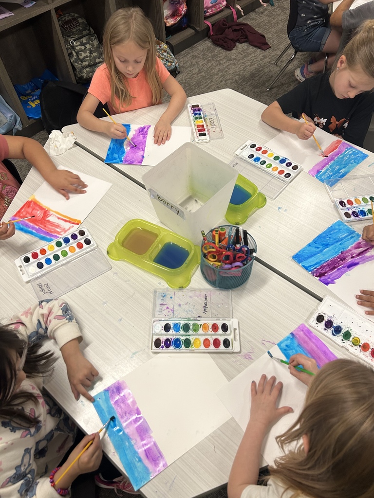 The Texas sky is the limit for these kindergarten artists! 🌅  Students are using watercolors to paint beautiful Texas sunsets before adding their cactus silhouette.  #CaldwellProud #CaldwellISD