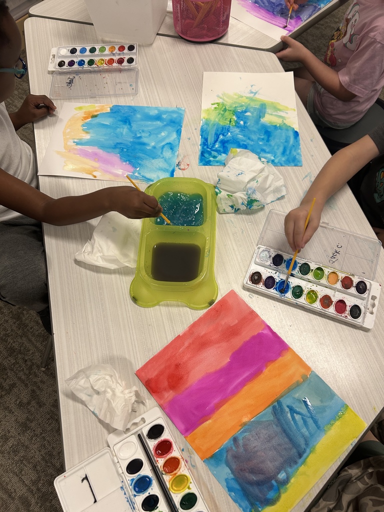 The Texas sky is the limit for these kindergarten artists! 🌅  Students are using watercolors to paint beautiful Texas sunsets before adding their cactus silhouette.  #CaldwellProud #CaldwellISD