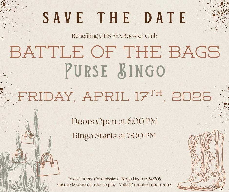 👜 𝗚𝗶𝗿𝗹𝘀’ 𝗡𝗶𝗴𝗵𝘁 + 𝗕𝗶𝗻𝗴𝗼 + 𝗗𝗲𝘀𝗶𝗴𝗻𝗲𝗿 𝗣𝘂𝗿𝘀𝗲𝘀 = 𝗔 𝗪𝗶𝗻𝗻𝗶𝗻𝗴 𝗡𝗶𝗴𝗵𝘁!  The 𝗖𝗮𝗹𝗱𝘄𝗲𝗹𝗹 𝗙𝗙𝗔 𝗕𝗼𝗼𝘀𝘁𝗲𝗿 𝗖𝗹𝘂𝗯 invites you to the annual 𝗕𝗮𝘁𝘁𝗹𝗲 𝗼𝗳 𝘁𝗵𝗲 𝗕𝗮𝗴𝘀: 𝗣𝘂𝗿𝘀𝗲 𝗕𝗶𝗻𝗴𝗼 on 𝗙𝗿𝗶𝗱𝗮𝘆, 𝗔𝗽𝗿𝗶𝗹 𝟭𝟳.  Bring your friends, enjoy a fun night of bingo, and compete for some amazing purse prizes — all while supporting Caldwell FFA students.  🕕 Doors Open: 6:00 PM 🎱 Bingo Starts: 7:00 PM  🎟 Get tickets here: https://www.zeffy.com/en-US/ticketing/battle-of-the-bags-purse-bingo  #CaldwellProud #CaldwellISD