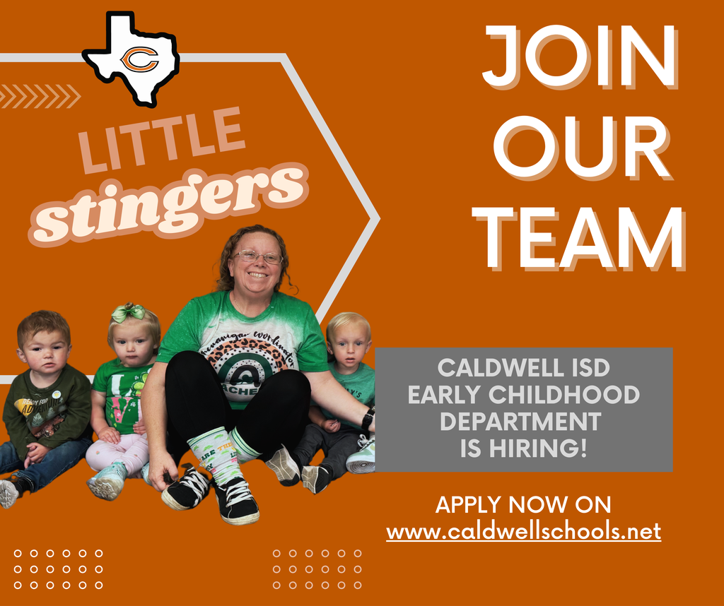 Make a difference in the lives of our littlest learners 🧡 Caldwell ISD is hiring for a 𝗽𝗮𝗿𝘁-𝘁𝗶𝗺𝗲 𝗽𝗼𝘀𝗶𝘁𝗶𝗼𝗻 in our Early Childhood Department.  Apply now: https://www.caldwellschools.net/page/job-opportunities