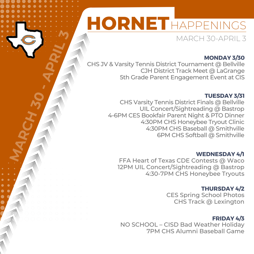 𝗛𝗼𝗿𝗻𝗲𝘁 𝗛𝗮𝗽𝗽𝗲𝗻𝗶𝗻𝗴𝘀 | 𝗠𝗮𝗿𝗰𝗵 𝟯𝟬–𝗔𝗽𝗿𝗶𝗹 𝟯  Another busy week ahead for Hornet Nation! From district competitions to spring events and a well-earned long weekend—there’s a lot going on. Be sure to check out everything happening across Caldwell ISD! #CaldwellProud #CaldwellISD