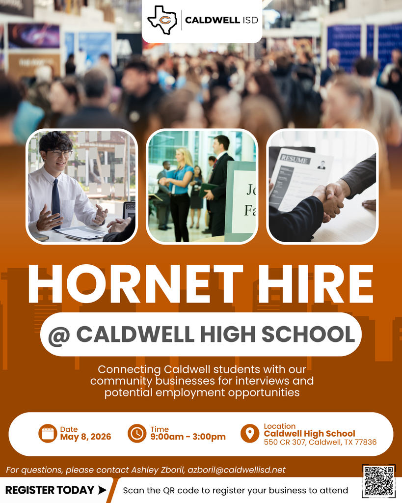 We’re excited to launch our first annual Hornet Hire at Caldwell High School!  This event will bring local businesses and CHS students together for on-site interviews and potential job opportunities. Students include 16+ looking for summer or after-school work, upcoming seniors in our career prep program, and graduating seniors ready for full-time employment.  Interested in participating? See the flyer and scan the QR code to register your business! #CaldwellProud #CaldwellISD