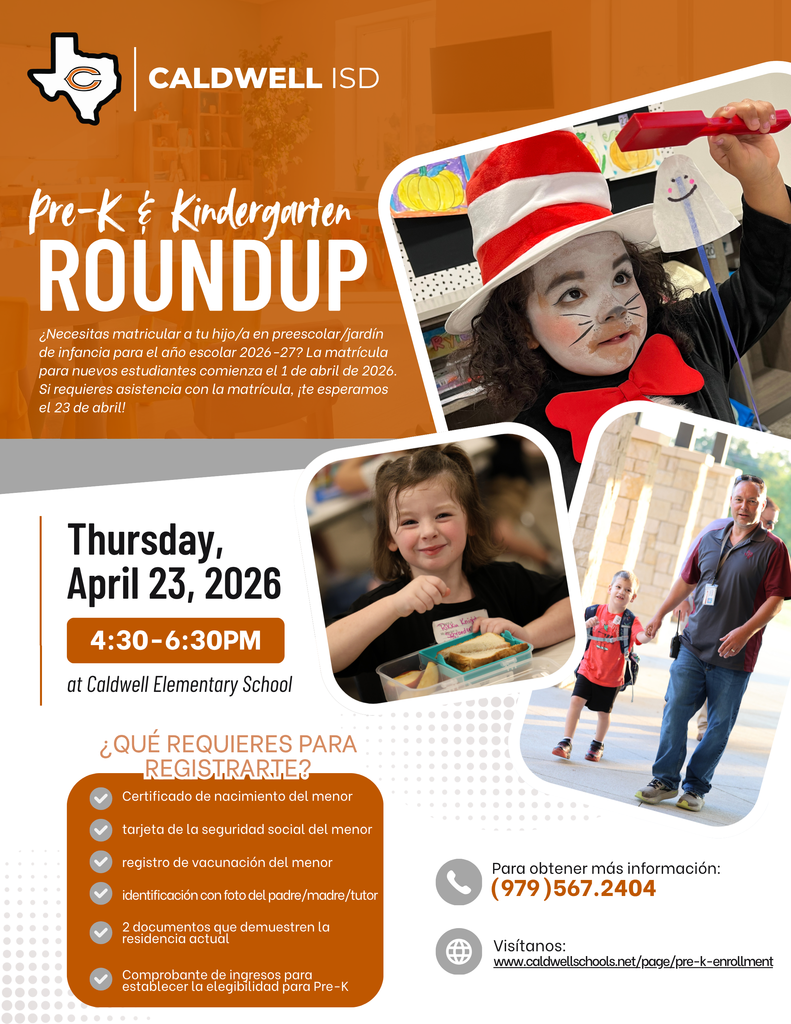 Getting ready for Pre-K or Kindergarten? We’ve got you covered!  Stop by our Roundup event on April 23rd from 4:30–6:30 PM at Caldwell Elementary for help with registration.  #CaldwellProud #CaldwellISD