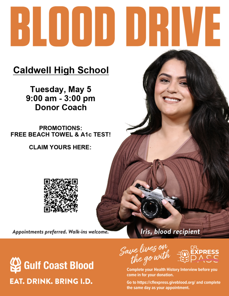 Give back and help save lives! ❤️  Caldwell High School Student Council is hosting a blood drive on 𝗧𝘂𝗲𝘀𝗱𝗮𝘆, 𝗠𝗮𝘆 𝟱 𝗳𝗿𝗼𝗺 𝟵:𝟬𝟬 𝗔𝗠–𝟯:𝟬𝟬 𝗣𝗠. Appointments are preferred, but walk-ins are welcome!  Donate this May and earn a 𝗳𝗿𝗲𝗲 𝗯𝗲𝗮𝗰𝗵 𝘁𝗼𝘄𝗲𝗹 while supplies last! #CaldwellProud #CaldwellISD
