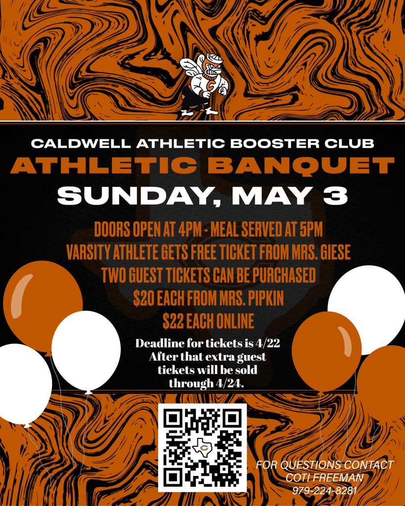 ๐ฆ๐ฎ๐๐ฒ ๐๐ต๐ฒ ๐๐ฎ๐๐ฒ ๐๏ธ The Caldwell Athletic Booster Club ๐๐๐ต๐น๐ฒ๐๐ถ๐ฐ ๐๐ฎ๐ป๐พ๐๐ฒ๐ is coming up ๐ฆ๐๐ป๐ฑ๐ฎ๐, ๐ ๐ฎ๐ ๐ฏ! Doors open at 4PM | Meal at 5PM More details in the graphic below.