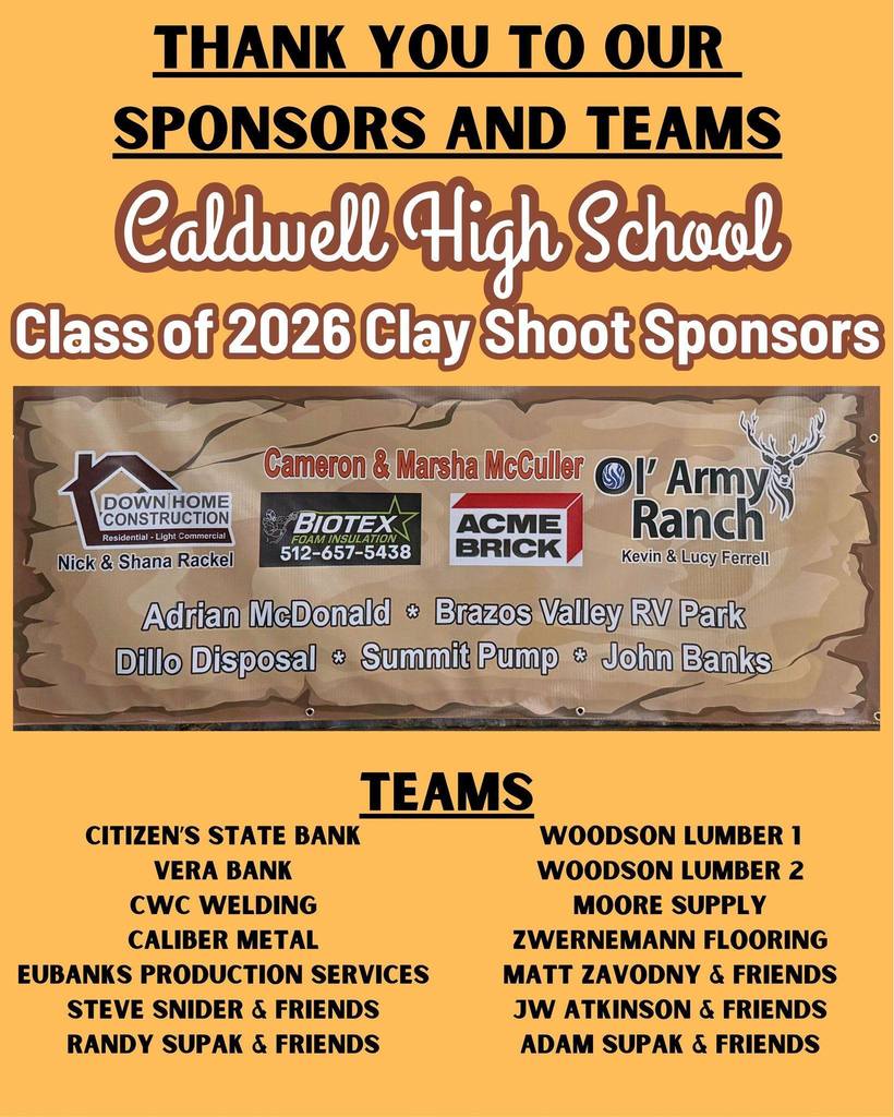 We are incredibly grateful to the amazing sponsors, teams, and community for coming together to support the Caldwell High School Project Graduation Class of 2026! 🧡🤍  Because of your generosity and participation, their Clay Shoot was a huge success! Your support helps create a safe and memorable graduation celebration for our seniors, and we couldn’t do it without you.  Thank you for showing up, giving back, and making a difference for our students and their future! 🎓👏 #ClassOf2026 #CaldwellProud #CaldwellISD