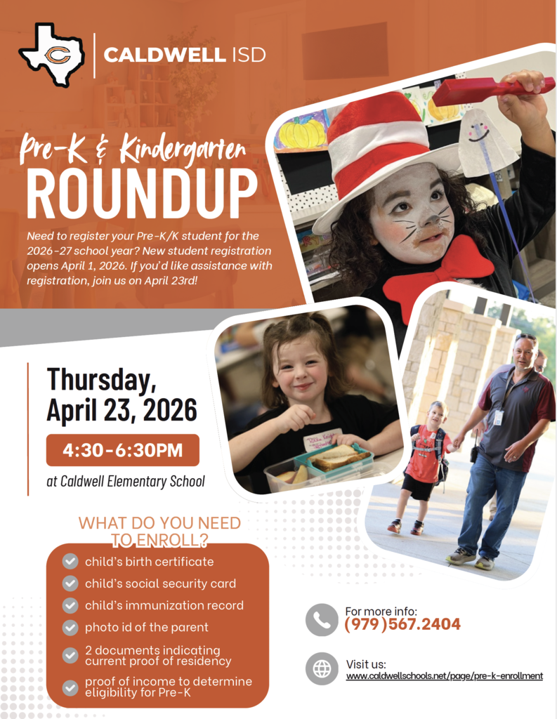 📣 𝗗𝗼𝗻’𝘁 𝗳𝗼𝗿𝗴𝗲𝘁! Pre-K & Kindergarten Roundup is coming up this week!  Join us 𝗧𝗵𝘂𝗿𝘀𝗱𝗮𝘆, 𝗔𝗽𝗿𝗶𝗹 𝟮𝟯 𝗳𝗿𝗼𝗺 𝟰:𝟯𝟬–𝟲:𝟯𝟬 𝗣𝗠  at Caldwell Elementary for help with registration and to get your child ready for the 2026–27 school year.  We can’t wait to welcome our future Hornets! 🧡 #CaldwellProud #CaldwellISD