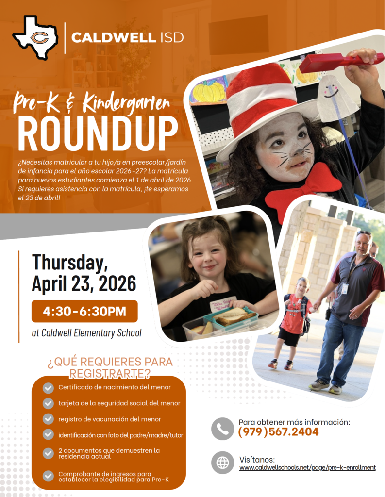 📣 𝗗𝗼𝗻’𝘁 𝗳𝗼𝗿𝗴𝗲𝘁! Pre-K & Kindergarten Roundup is coming up this week!  Join us 𝗧𝗵𝘂𝗿𝘀𝗱𝗮𝘆, 𝗔𝗽𝗿𝗶𝗹 𝟮𝟯 𝗳𝗿𝗼𝗺 𝟰:𝟯𝟬–𝟲:𝟯𝟬 𝗣𝗠  at Caldwell Elementary for help with registration and to get your child ready for the 2026–27 school year.  We can’t wait to welcome our future Hornets! 🧡 #CaldwellProud #CaldwellISD