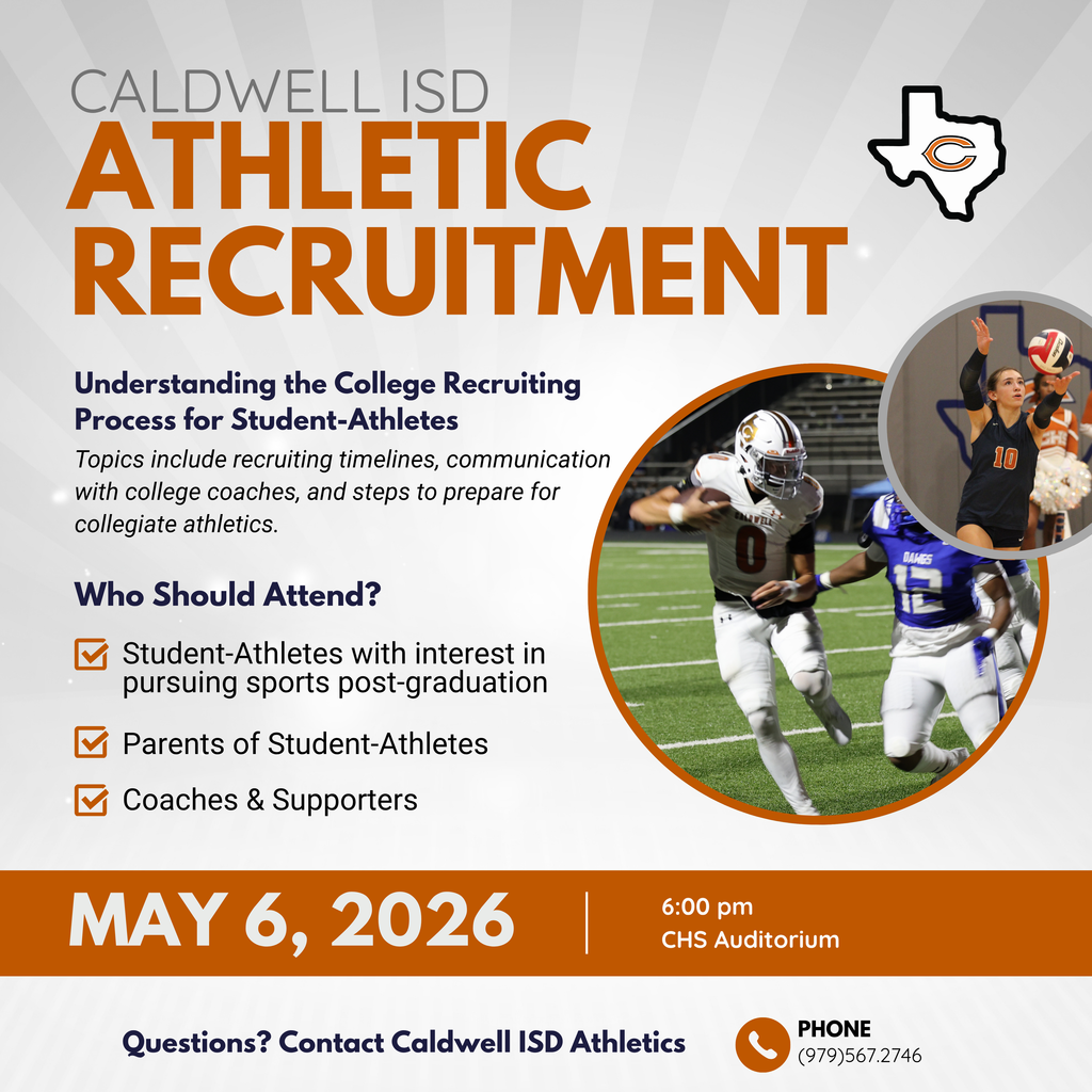 ๐ฃ ๐ฆ๐๐ฉ๐ ๐ง๐๐ ๐๐๐ง๐ Caldwell ISD will host its first-ever ๐๐๐ต๐น๐ฒ๐๐ถ๐ฐ ๐ฅ๐ฒ๐ฐ๐ฟ๐๐ถ๐๐บ๐ฒ๐ป๐ ๐๐ป๐ณ๐ผ๐ฟ๐บ๐ฎ๐๐ถ๐ผ๐ป ๐ฃ๐ฟ๐ฒ๐๐ฒ๐ป๐๐ฎ๐๐ถ๐ผ๐ป ๐ผ๐ป ๐ ๐ฎ๐ ๐ฒ ๐ฎ๐ ๐ฒ:๐ฌ๐ฌ ๐ฃ๐ in the CHS Auditorium. This informative session is designed for student-athletes and families interested in learning more about the college recruiting process. #CaldwellProud #CaldwellISD