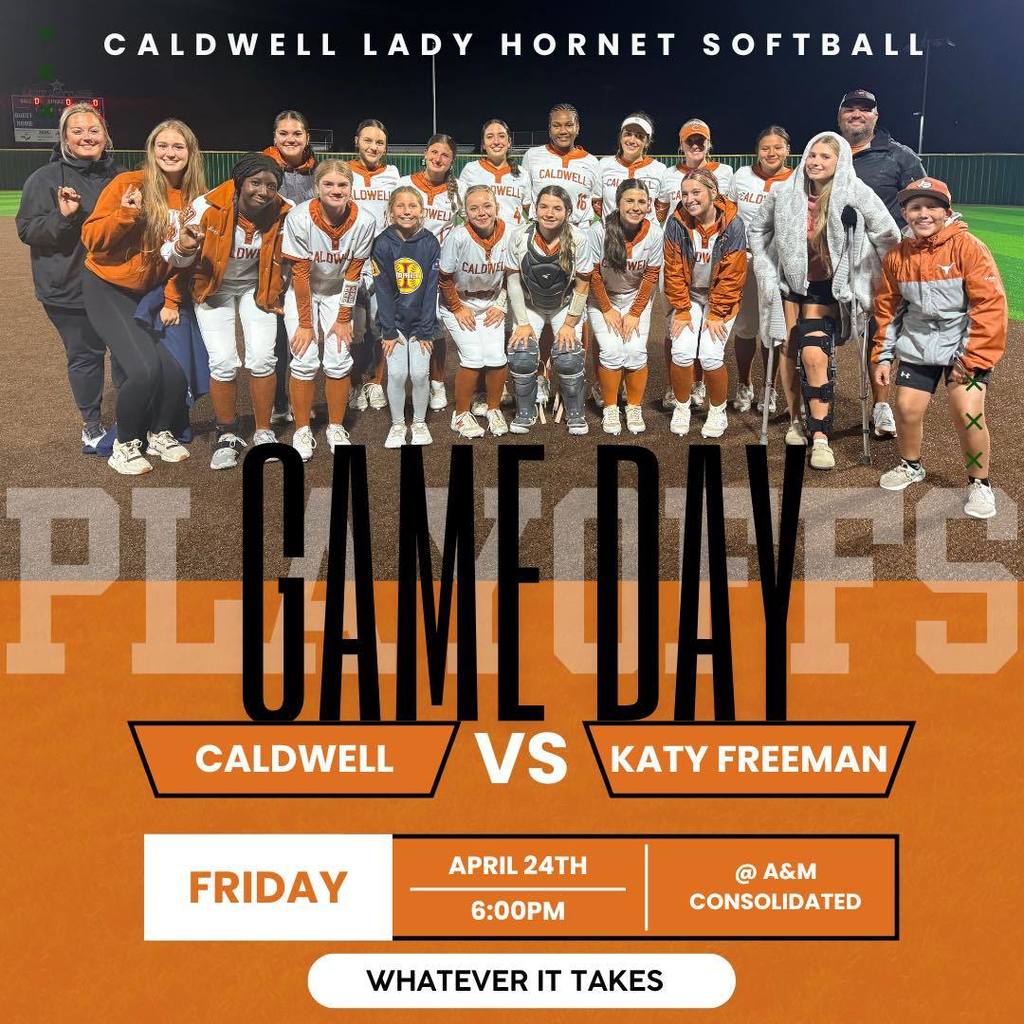 🥎 IT’S PLAYOFF TIME  Round 1️⃣ Caldwell vs. Katy Freeman  📍 A&M Consolidated 🕕 Friday | 6:00 PM  The road to the postseason starts now—let’s go, Lady Hornets!  #CaldwellProud #CaldwellISD