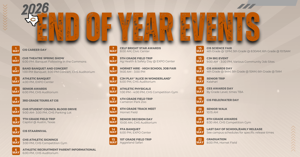 The finish line is in sight, Hornets! 🧡 Our end-of-year calendar is packed with celebrations, milestones, and can’t-miss moments across all campuses. Take a look and mark your calendars so you don’t miss a thing!  #CaldwellProud #CaldwellISD