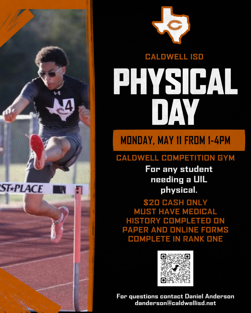 🏃‍♂️ 𝐏𝐡𝐲𝐬𝐢𝐜𝐚𝐥 𝐃𝐚𝐲 | 𝐌𝐚𝐲 𝟏𝟏  Caldwell ISD will host UIL physicals for the 2026–2027 school year on 𝗠𝗼𝗻𝗱𝗮𝘆, 𝗠𝗮𝘆 𝟭𝟭, 𝗳𝗿𝗼𝗺 𝟭–𝟰 𝗣𝗠 at the Caldwell Competition Gym.  This is required for students participating in 𝗮𝘁𝗵𝗹𝗲𝘁𝗶𝗰𝘀, 𝗯𝗮𝗻𝗱, 𝗛𝗼𝗻𝗲𝘆𝗯𝗲𝗲𝘀, 𝗰𝗵𝗲𝗲𝗿, 𝗮𝗻𝗱 𝗱𝗮𝗻𝗰𝗲.  𝗧𝗼 𝗯𝗲 𝗿𝗲𝗮𝗱𝘆: ✔️ Sign up: https://forms.gle/HXX3puYyvoUK4TRB6 ✔️ Complete Rank One forms (including parent waiver) ✔️ Bring completed UIL medical history form https://drive.google.com/file/d/1hxvpMc4WhfdPpfblOOwxZEFUYgMsOreT/view?usp=sharing ✔️ Bring $20 cash  More details will be shared as the date approaches. #CaldwellProud #CaldwellISD