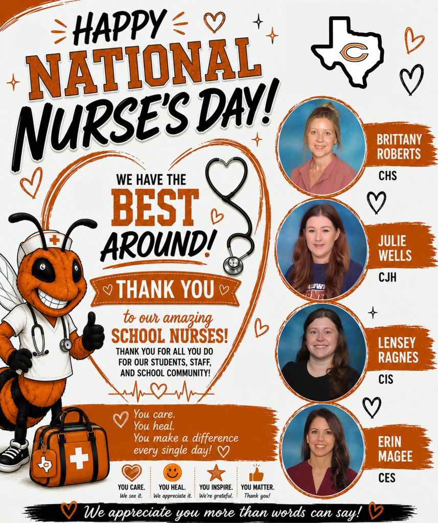 Today we celebrate the incredible nurses who care for our students each and every day 💛  From scraped knees and upset stomachs to medications, emergencies, and comforting worried kiddos, our school nurses do so much more than most people ever see. Thank you to Brittany Roberts (CHS), Julie Wells (CJH), Lensey Ragnes (CIS), and Erin Magee (CES) for the compassion, care, and dedication you show our Hornets every single day.  Happy School Nurses Day! 🩺🧡 #CaldwellProud #CaldwellISD