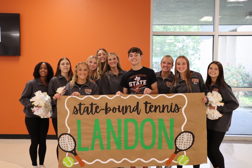 Good luck to sophomore Landon Vykukal as he competes today at the UIL State Tennis Tournament! ๐พ๐ Yesterday, the CHS campus gave Landon a special send-off filled with support from the band, cheerleaders, tennis team, family, and friends as he headed to compete on the biggest stage in Texas high school tennis. We are proud of the hard work and dedication that brought him to this moment and canโt wait to cheer him on today. Good luck, Landon! Bring home some hardware! ๐งก๐ค #CaldwellProud #CaldwellISD