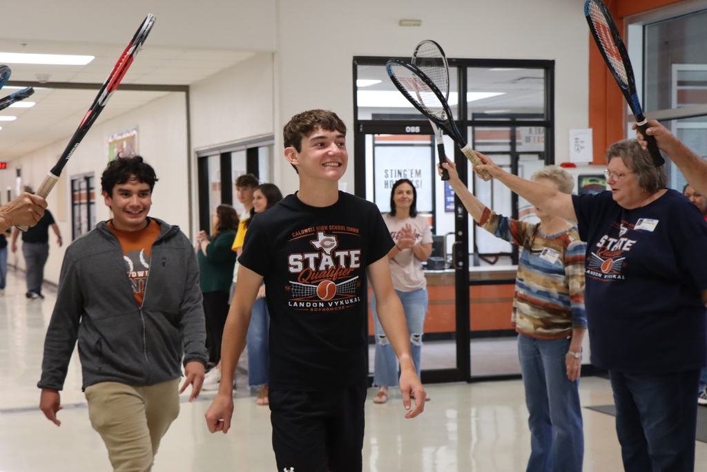 Good luck to sophomore Landon Vykukal as he competes today at the UIL State Tennis Tournament! 🎾👏  Yesterday, the CHS campus gave Landon a special send-off filled with support from the band, cheerleaders, tennis team, family, and friends as he headed to compete on the biggest stage in Texas high school tennis.  We are proud of the hard work and dedication that brought him to this moment and can’t wait to cheer him on today. Good luck, Landon! Bring home some hardware! 🧡🖤  #CaldwellProud #CaldwellISD
