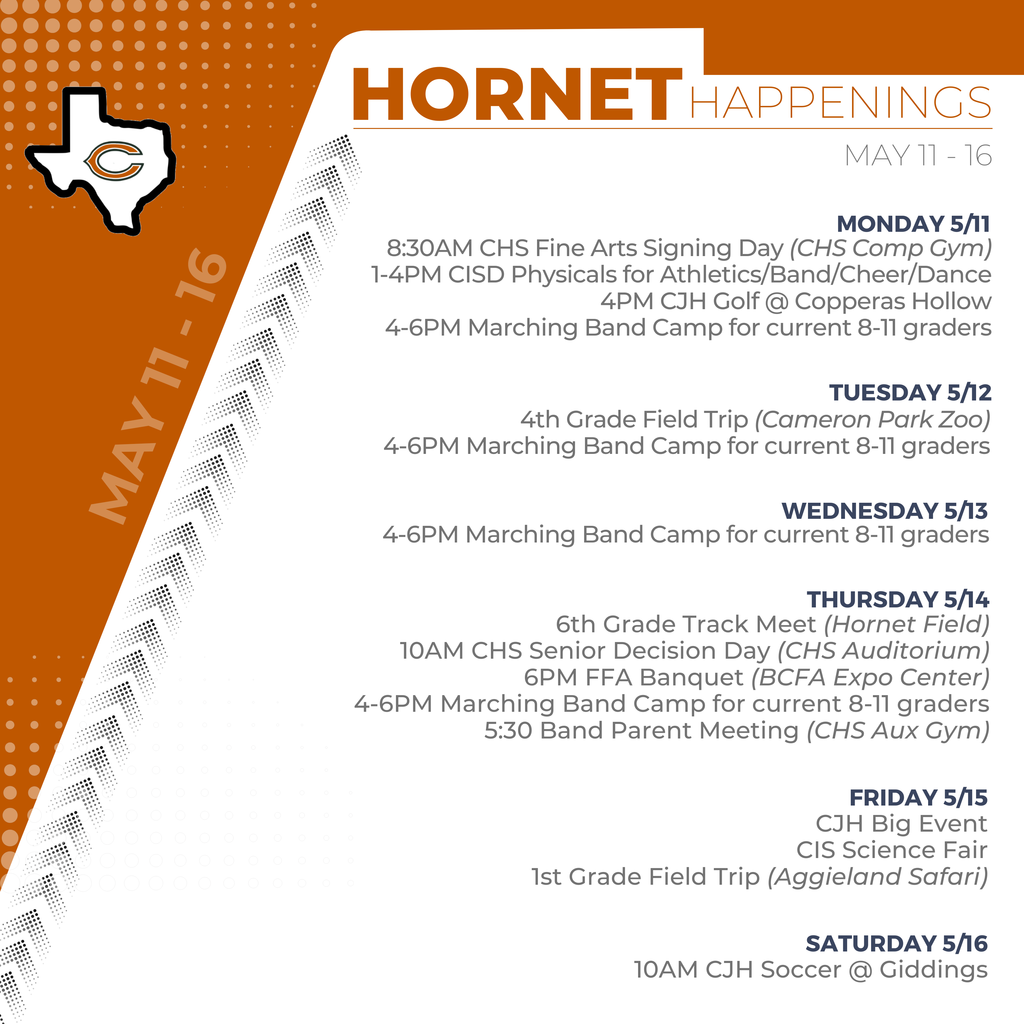 𝗛𝗢𝗥𝗡𝗘𝗧 𝗛𝗔𝗣𝗣𝗘𝗡𝗜𝗡𝗚𝗦 | 𝗠𝗮𝘆 𝟭𝟭-𝟭𝟲 🧡  Another busy week ahead for our Hornets! From field trips and signing day to the FFA Banquet, science fair, athletics, and more… there’s a lot happening across Caldwell ISD this week. Be sure to check the graphic for all the details! 👏 #CaldwellProud #CaldwellISD