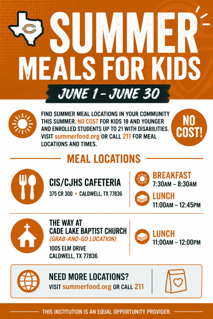 ☀️ S𝐮m𝐦e𝐫 𝐦e𝐚l𝐬 𝐚r𝐞 𝐛a𝐜k a𝐭 𝐂a𝐥d𝐰e𝐥l I𝐒D!  Free meals will be available 𝗝𝘂𝗻𝗲 𝟭–𝟯𝟬 for children 18 and younger and enrolled students up to age 21 with disabilities. Breakfast and lunch locations/times are listed on the graphic below. 🧡  Help us spread the word so local families can take advantage of this great resource all summer long! #CaldwellProud #CaldwellISD