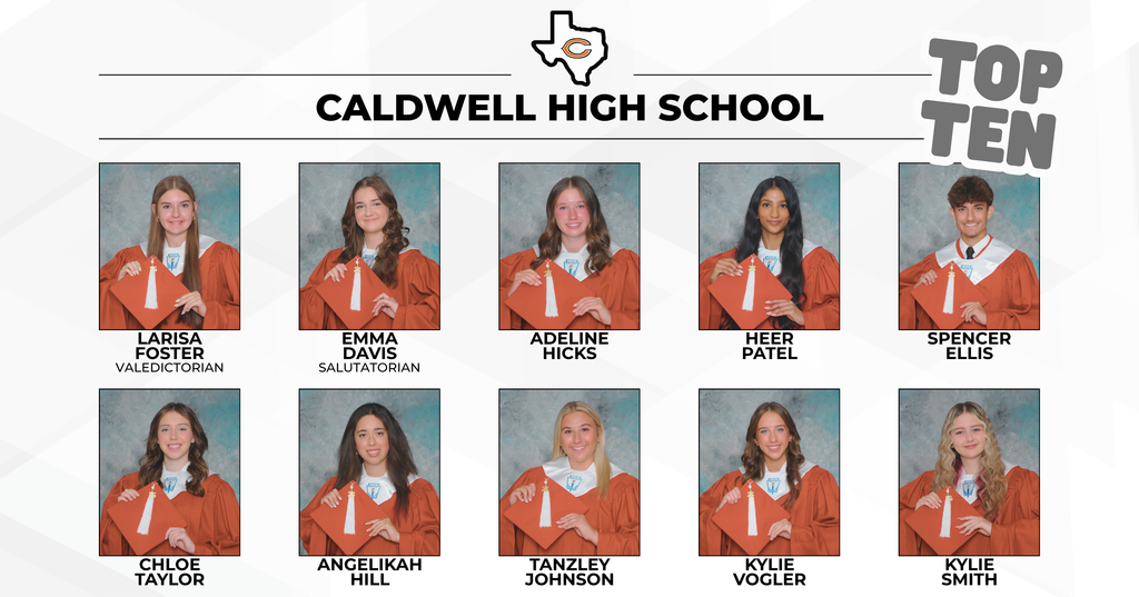 🎓 Meet the 𝗧𝗼𝗽 𝗧𝗲𝗻 𝗼𝗳 𝘁𝗵𝗲 𝗖𝗮𝗹𝗱𝘄𝗲𝗹𝗹 𝗛𝗶𝗴𝗵 𝗦𝗰𝗵𝗼𝗼𝗹 𝗖𝗹𝗮𝘀𝘀 𝗼𝗳 𝟮𝟬𝟮𝟲!  These outstanding seniors have demonstrated incredible dedication, perseverance, and academic excellence throughout their high school journey. Please join us in congratulating our Valedictorian, Salutatorian, and Top Ten students for this well-earned achievement!  Your Hornet family is proud of you and excited to see all that lies ahead for all of our seniors. 🧡 #CaldwellProud #CaldwellISD