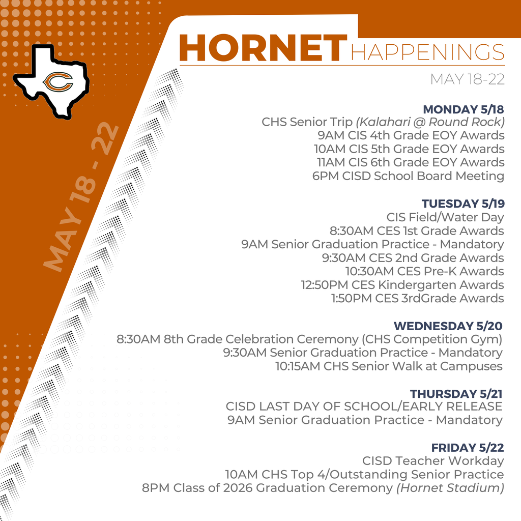 𝗛𝗢𝗥𝗡𝗘𝗧 𝗛𝗔𝗣𝗣𝗘𝗡𝗜𝗡𝗚𝗦 | 𝗠𝗮𝘆 𝟭𝟴-𝟮𝟮  The final week of the 2025-2026 school year is here! 🎉 From awards ceremonies and celebrations to senior traditions and graduation, it’s going to be a busy and memorable week across Caldwell ISD. Be sure to check out everything happening as we wrap up another great year! 🧡🤍 #CaldwellProud #CaldwellISD