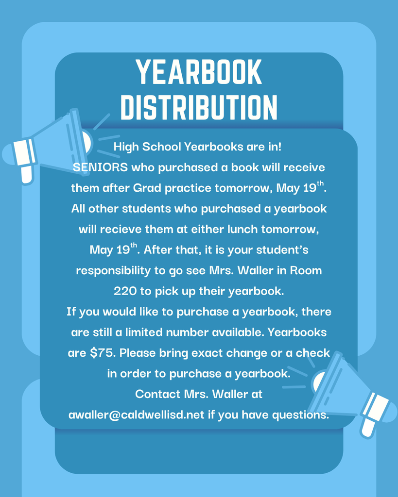 📘 CHS Yearbooks have arrived! Distribution begins tomorrow for students who purchased a yearbook. A limited number of extra copies are also available for purchase. See graphic for pickup details and information. #CaldwellProud #CaldwellISD