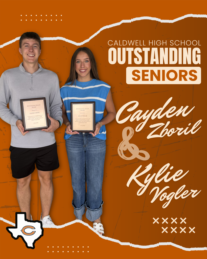 Please join us in congratulating CHS seniors ๐๐ฎ๐๐ฑ๐ฒ๐ป ๐ญ๐ฏ๐ผ๐ฟ๐ถ๐น and ๐๐๐น๐ถ๐ฒ ๐ฉ๐ผ๐ด๐น๐ฒ๐ฟ on being named ๐๐ฎ๐น๐ฑ๐๐ฒ๐น๐น ๐๐ถ๐ด๐ต ๐ฆ๐ฐ๐ต๐ผ๐ผ๐นโ๐ ๐ฎ๐ฌ๐ฎ๐ฒ ๐ข๐๐๐๐๐ฎ๐ป๐ฑ๐ถ๐ป๐ด ๐ฆ๐ฒ๐ป๐ถ๐ผ๐ฟ๐! ๐๐งก Each year, CHS teachers vote to select one senior boy and one senior girl who truly represent the โwhole packageโ โ students who excel academically, are involved in school activities, demonstrate integrity, show kindness and respect to others, and exemplify what it means to be a Caldwell Hornet. Congratulations to Cayden and Kylie on this well-deserved honor! #CaldwellProud #CaldwellISD
