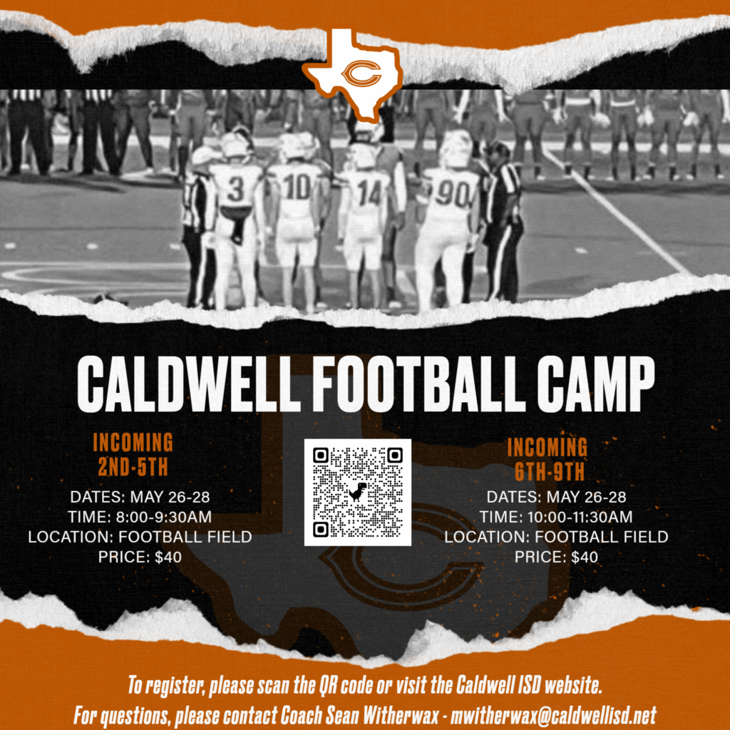 🏈 Hornet Football Camp is almost here! Don’t forget to get your kiddos signed up for next week’s Caldwell Football Camp for incoming 2nd-9th graders. It’s going to be a great few days of learning, competition, and FUN with our Hornet coaches and athletes!  Check out the graphic for dates, times, and registration info. #CaldwellProud #CaldwellISD