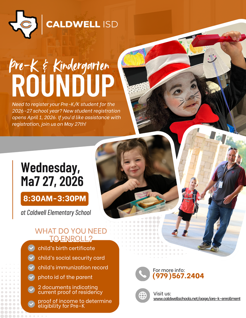🚨 Happening NOW! 🚨  Need help getting your future Hornet registered for Pre-K or Kindergarten? Our Pre-K & Kindergarten Roundup is taking place today at Caldwell Elementary until 3:30 PM! 🧡  If you haven’t completed registration for the 2026-27 school year yet, there’s still time to stop by and get assistance from our staff. Be sure to bring the required documents listed on the graphic below.  We’d love to welcome your little one to Caldwell ISD! #CaldwellProud #CaldwellISD