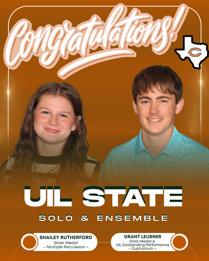 Congratulations to Caldwell High School musicians Shailey Rutherford and Grant Leubner for their outstanding performances at the UIL State Solo & Ensemble Contest!  🥈 Shailey earned a Silver Medal on Multiple Percussion 🥇 Grant earned a Gold Medal and was recognized with the UIL Outstanding Performance Award on Euphonium — one of the highest honors awarded at the state contest.  We are incredibly proud of these talented Hornets and the hard work, dedication, and countless hours of practice that led to this achievement. Way to represent Caldwell on the state stage! #CaldwellProud #CaldwellISD 🧡🎶