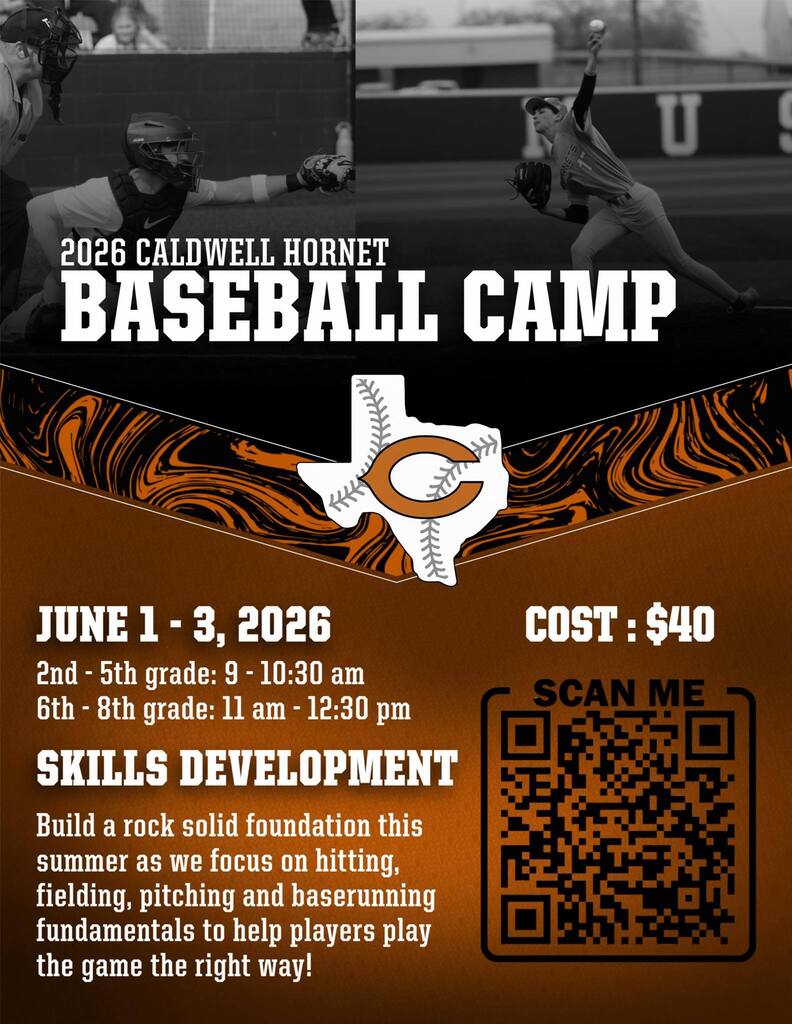 ⚾🥎 Don't miss out! Registration is still open for Caldwell Hornet Baseball and Softball Camps this summer.  Come learn from our Hornet coaches and players while building skills, making friends, and having fun on the field. Check out the flyers below for all the details and registration information!  #CaldwellProud #CaldwellISD 🧡