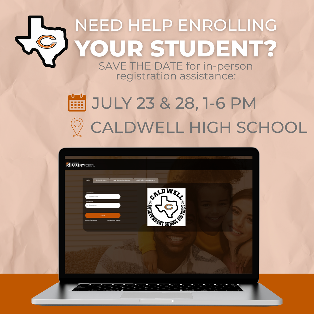 📣 𝗡𝗲𝗲𝗱 𝗵𝗲𝗹𝗽 𝗲𝗻𝗿𝗼𝗹𝗹𝗶𝗻𝗴 𝘆𝗼𝘂𝗿 𝘀𝘁𝘂𝗱𝗲𝗻𝘁? 𝗪𝗲'𝗿𝗲 𝗵𝗲𝗿𝗲 𝘁𝗼 𝗵𝗲𝗹𝗽!  Caldwell ISD will be offering in-person registration assistance for families who need help completing the online registration process.  🗓️ July 23 & 28 🕐 1:00–6:00 PM 📍 Caldwell High School  Our staff will be available to answer questions and help you get your student registered for the 2026–2027 school year.  We look forward to seeing you there! #CaldwellProud #CaldwellISD