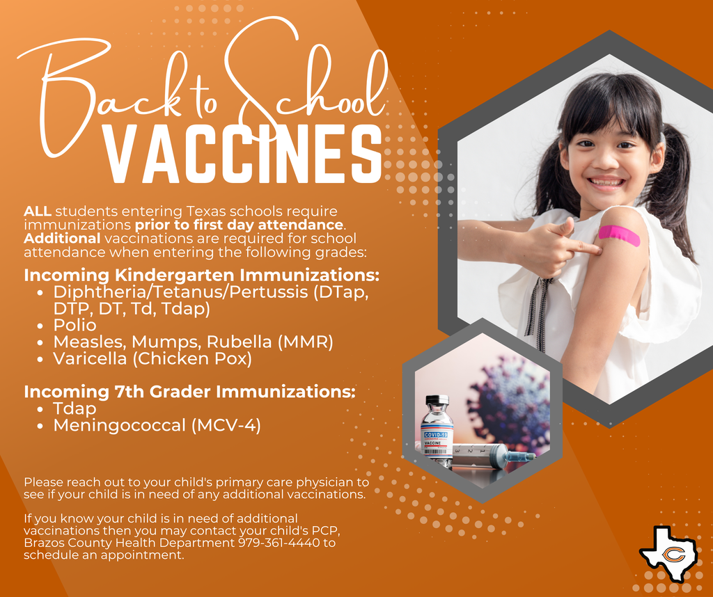 💉 𝐁𝐚𝐜𝐤-𝐭𝐨-𝐒𝐜𝐡𝐨𝐨𝐥 𝐑𝐞𝐦𝐢𝐧𝐝𝐞𝐫! Before the first day of school, make sure your student's immunizations are up to date. Texas requires additional vaccines for students entering 𝗞𝗶𝗻𝗱𝗲𝗿𝗴𝗮𝗿𝘁𝗲𝗻 and 𝟳𝘁𝗵 𝗴𝗿𝗮𝗱𝗲.  Contact your healthcare provider or the Brazos County Health Department if your child needs vaccinations. 🧡 #CaldwellProud #CaldwellISD