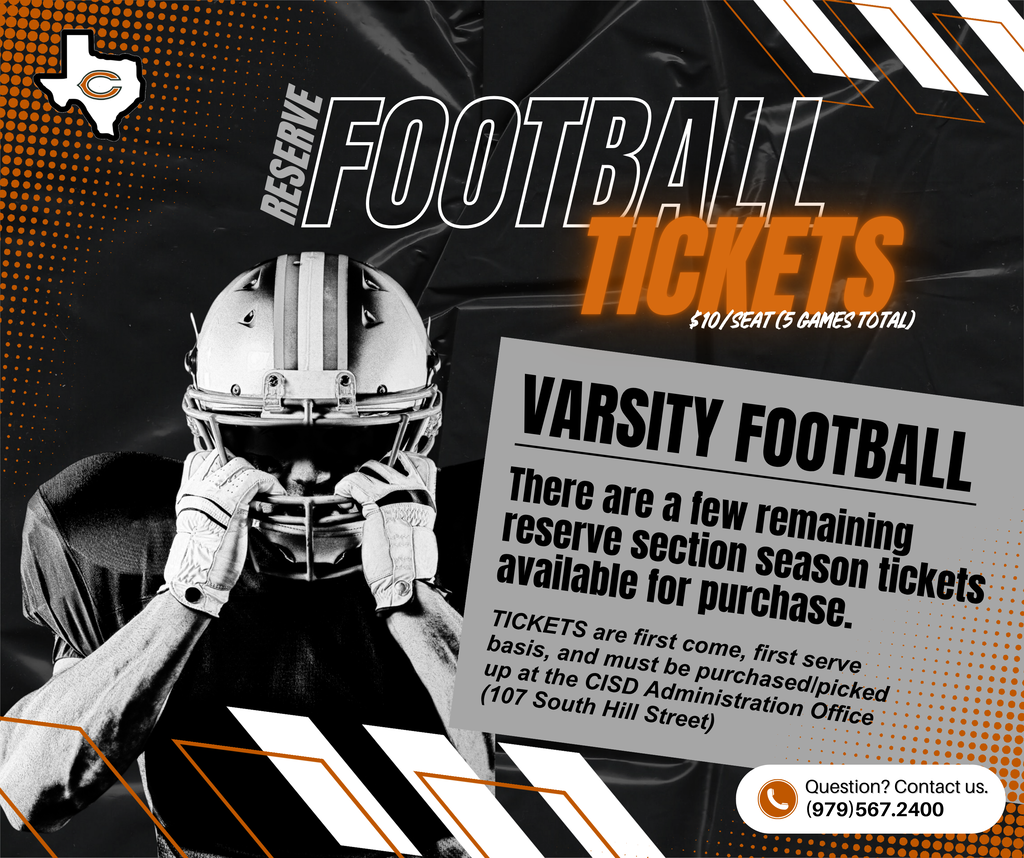 🏈 𝗙𝗿𝗶𝗱𝗮𝘆 𝗻𝗶𝗴𝗵𝘁 𝗹𝗶𝗴𝗵𝘁𝘀 𝗮𝗿𝗲 𝗮𝗹𝗺𝗼𝘀𝘁 𝗵𝗲𝗿𝗲, 𝗛𝗼𝗿𝗻𝗲𝘁 𝗳𝗮𝗻𝘀!  A limited number of 𝗩𝗮𝗿𝘀𝗶𝘁𝘆 𝗙𝗼𝗼𝘁𝗯𝗮𝗹𝗹 𝗥𝗲𝘀𝗲𝗿𝘃𝗲 𝗦𝗲𝗮𝘀𝗼𝗻 𝗧𝗶𝗰𝗸𝗲𝘁𝘀 are still available for the 2026 season! Tickets are $𝟭𝟬 𝗽𝗲𝗿 𝘀𝗲𝗮𝘁/𝗽𝗲𝗿 𝗴𝗮𝗺𝗲 𝗮𝗻𝗱 𝗶𝗻𝗰𝗹𝘂𝗱𝗲 𝗮𝗹𝗹 𝟱 𝗵𝗼𝗺𝗲 𝗴𝗮𝗺𝗲𝘀.  🎟️ First come, first served 📍 Must be purchased/picked up at the CISD Administration Office, 107 South Hill Street  Grab yours before they're gone and get ready to cheer on the Hornets! 🧡🏈 #CaldwellProud #CaldwellISD
