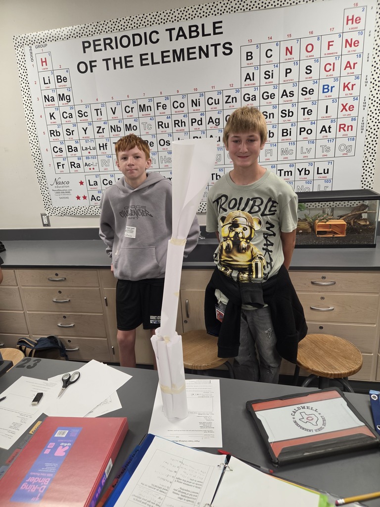 𝗣𝗮𝗽𝗲𝗿 + 𝗧𝗮𝗽𝗲 + 𝗮 𝗹𝗶𝘁𝘁𝗹𝗲 𝗶𝗻𝗴𝗲𝗻𝘂𝗶𝘁𝘆 = 𝟭𝟵𝟯 𝗰𝗺! 🤯  Our 7th & 8th graders put their STEM skills to the test today with one challenge: build the tallest tower possible using just 𝟭𝟬 𝗽𝗶𝗲𝗰𝗲𝘀 𝗼𝗳 𝗽𝗮𝗽𝗲𝗿 𝗮𝗻𝗱 𝟲𝟬 𝗰𝗺 𝗼𝗳 𝘁𝗮𝗽𝗲.  The tallest tower reached an impressive 193 cm! 🙌 Future engineers at work! 🏗️ #CaldwellProud #CaldwellISD