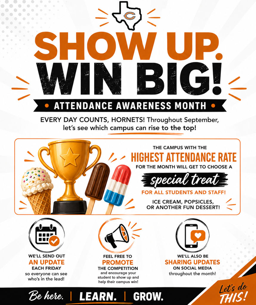 🏆 𝗦𝗛𝗢𝗪 𝗨𝗣. 𝗪𝗜𝗡 𝗕𝗜𝗚!  We’re adding a little 𝙛𝙧𝙞𝙚𝙣𝙙𝙡𝙮 𝙘𝙤𝙢𝙥𝙚𝙩𝙞𝙩𝙞𝙤𝙣 to Attendance Awareness Month! Throughout September, our four campuses will compete for the 𝗵𝗶𝗴𝗵𝗲𝘀𝘁 𝗮𝘁𝘁𝗲𝗻𝗱𝗮𝗻𝗰𝗲 𝗿𝗮𝘁𝗲 — and the winning campus gets to choose a special treat for 𝗮𝗹𝗹 𝘀𝘁𝘂𝗱𝗲𝗻𝘁𝘀 𝗮𝗻𝗱 𝘀𝘁𝗮𝗳𝗳! 🍦  We’ll share an update each Friday so you can see who’s in the lead. 👀  So, Hornets… 𝙨𝙝𝙤𝙬 𝙪𝙥, 𝙝𝙚𝙡𝙥 𝙮𝙤𝙪𝙧 𝙘𝙖𝙢𝙥𝙪𝙨 𝙘𝙡𝙞𝙢𝙗 𝙩𝙝𝙚 𝙡𝙚𝙖𝙙𝙚𝙧𝙗𝙤𝙖𝙧𝙙, 𝙖𝙣𝙙 𝙢𝙖𝙮𝙗𝙚 𝙚𝙖𝙧𝙣 𝙖 𝙨𝙬𝙚𝙚𝙩 𝙧𝙚𝙬𝙖𝙧𝙙 𝙖𝙡𝙤𝙣𝙜 𝙩𝙝𝙚 𝙬𝙖𝙮!  Every day counts. 🧡🖤 #CaldwellProud #CaldwellISD #AttendanceMatters
