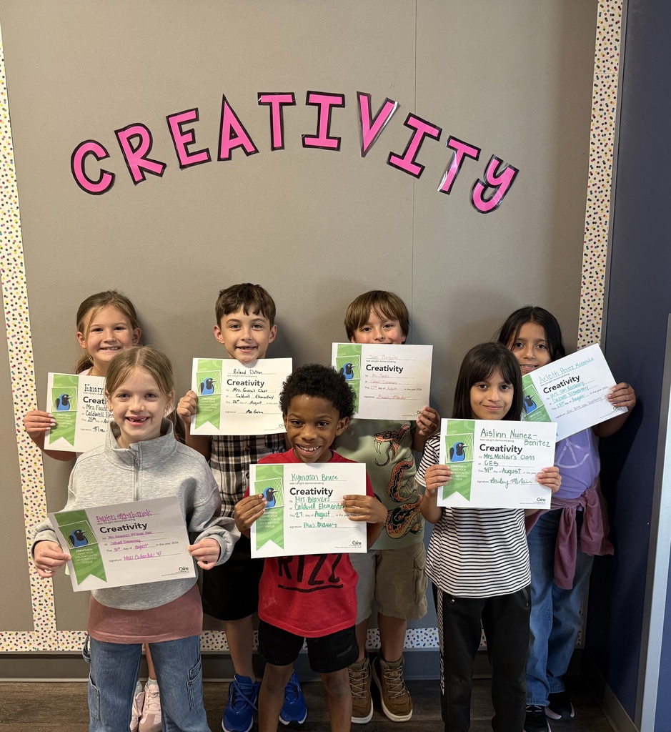 🎨 𝗖𝗲𝗹𝗲𝗯𝗿𝗮𝘁𝗶𝗻𝗴 𝗖𝗥𝗘𝗔𝗧𝗜𝗩𝗜𝗧𝗬 𝗮𝘁 𝗖𝗘𝗦! 🌟  Throughout August, our Caldwell Elementary students focused on the character trait of 𝗖𝗥𝗘𝗔𝗧𝗜𝗩𝗜𝗧𝗬 — using their imaginations, thinking outside the box, and finding new ways to solve problems and express their ideas!  Congratulations to these Kinder–3rd grade students who were recognized by their teachers for showing creativity in and out of the classroom. We are so proud of you! 🧡👏 #CaldwellProud #CaldwellISD