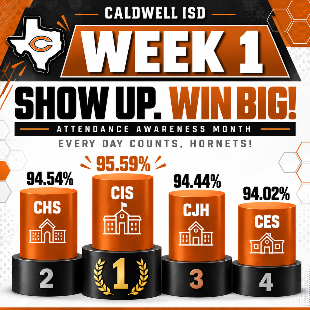 🏆 𝗪𝗘𝗘𝗞 𝟭 𝗥𝗘𝗦𝗨𝗟𝗧𝗦 𝗔𝗥𝗘 𝗜𝗡!  The first week of our 𝗔𝘁𝘁𝗲𝗻𝗱𝗮𝗻𝗰𝗲 𝗔𝘄𝗮𝗿𝗲𝗻𝗲𝘀𝘀 𝗠𝗼𝗻𝘁𝗵 𝗰𝗼𝗺𝗽𝗲𝘁𝗶𝘁𝗶𝗼𝗻 is in the books, and 𝗖𝗮𝗹𝗱𝘄𝗲𝗹𝗹 𝗜𝗻𝘁𝗲𝗿𝗺𝗲𝗱𝗶𝗮𝘁𝗲 𝗶𝘀 𝘀𝘁𝗮𝗿𝘁𝗶𝗻𝗴 𝗼𝘂𝘁 𝗼𝗻 𝘁𝗼𝗽 𝘄𝗶𝘁𝗵 𝟵𝟱.𝟱𝟵% 𝗮𝘁𝘁𝗲𝗻𝗱𝗮𝗻𝗰𝗲! 👏🧡  But this race is CLOSE — and we’ve got plenty of September left! Remember, the campus with the highest attendance rate for the month gets to choose a special treat for ALL students and staff. 🍦  Show up. Learn. Grow. And help your campus climb that leaderboard! 💪  We’ll be back next Friday with Week 2 results! #CaldwellProud #CaldwellISD #AttendanceMatters