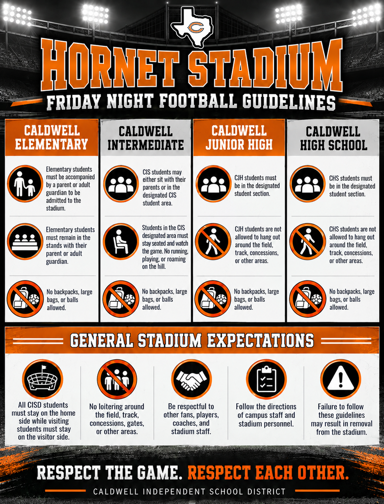 𝐅𝐑𝐈𝐃𝐀𝐘 𝐍𝐈𝐆𝐇𝐓𝐒 𝐀𝐓 𝐇𝐎𝐑𝐍𝐄𝐓 𝐒𝐓𝐀𝐃𝐈𝐔𝐌 🏈  Headed to the game this Friday? Please take a minute to review our student and stadium expectations before Friday night. 🧡🖤  Full guidelines can be found on our website here: https://www.caldwellschools.net/page/hornet-stadium-safety-rules-and-procedures