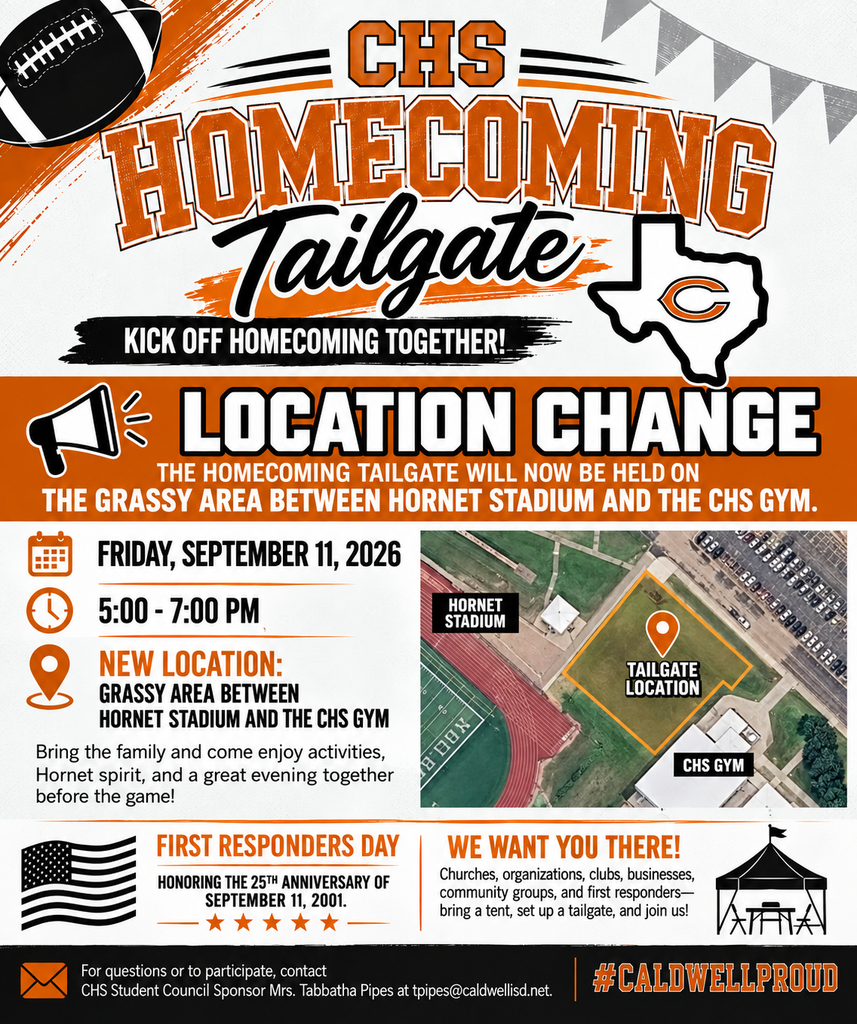 🚨 HOMECOMING TAILGATE LOCATION CHANGE 🚨  Well… third time’s the charm. 😂 We have an UPDATED LOCATION for Friday’s CHS Homecoming Tailgate!  📍 NEW LOCATION: The grassy area between Hornet Stadium and the CHS Gym  Everything else stays the same! Join us Friday, September 11, from 5–7 PM for food, activities, Hornet spirit and our recognition of First Responders Day.  Please help us spread the word — and we’ll see you Friday! 🏈🧡  #CaldwellProud #CaldwellISD