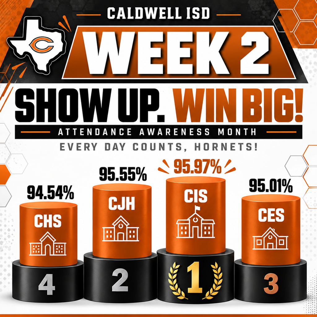 🏆 𝗪𝗘𝗘𝗞 𝟮 𝗥𝗘𝗦𝗨𝗟𝗧𝗦 𝗔𝗥𝗘 𝗜𝗡!  Caldwell Intermediate is holding onto that #1 spot for another week with 𝟵𝟱.𝟵𝟳% attendance! 👏🧡 But CJH is making a move, jumping into second place with 95.55%, and CES climbed to 95.01%!  We’re only two weeks in, Hornets — there’s still plenty of time to shake up this leaderboard! 👀  Show up. Learn. Grow. 𝗘𝘃𝗲𝗿𝘆 𝗱𝗮𝘆 𝗰𝗼𝘂𝗻𝘁𝘀!   We’ll be back next Friday with Week 3 results! #CaldwellProud #CaldwellISD #AttendanceMatters