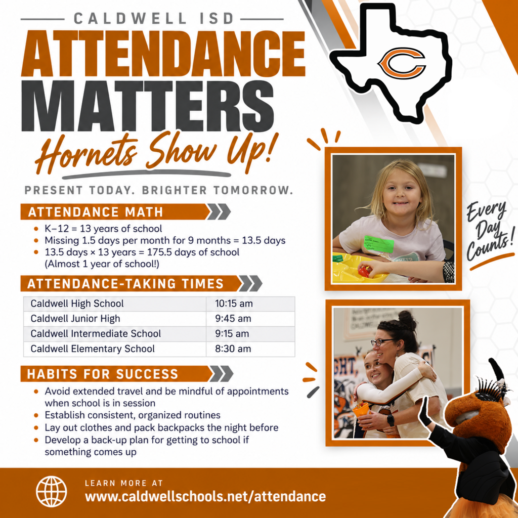 EVERY DAY COUNTS! 🧡📚  Missing just a day or two each month may not seem like much—but over time, those days add up.  During National Attendance Awareness Month, we’re reminding our families that consistent attendance helps students stay connected, keep up with learning and build habits that lead to success.  Being at school matters. Hornets show up! 🙌  #EveryDayCounts #CaldwellProud #CaldwellISD