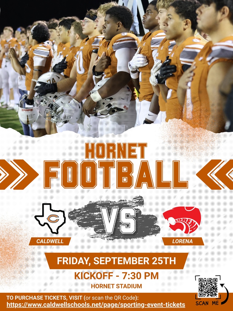 🏈 It’s game week against Lorena!  Our varsity Hornets will take on the Leopards Friday night at 7:30 p.m. at Hornet Stadium. Varsity tickets are available at the link shown on the graphic.  The JV Hornets will play Thursday in Lorena. Purchase tickets for the JV game here: https://fan.hudl.com/tickets/VGlja2V0ZWRFdmVudDZhYjA1NWVmYmYxOWUzNjlhMzU5NDA1ZQ==  Let’s go, Hornets! 🧡