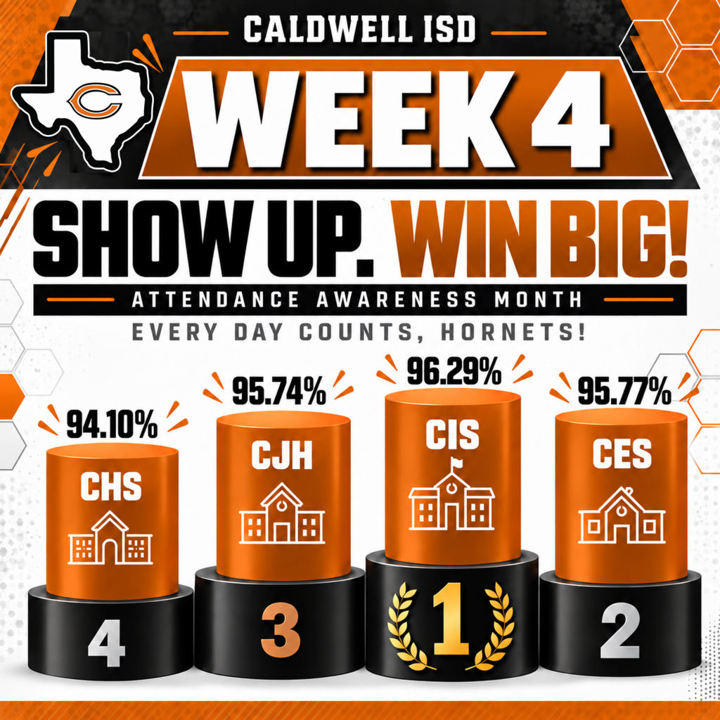 🏆 𝐖𝐄𝐄𝐊 𝟒 | 𝐒𝐇𝐎𝐖 𝐔𝐏. 𝐖𝐈𝐍 𝐁𝐈𝐆!  CIS takes the top spot this week with 96.29% attendance, while CES and CJH were separated by just 0.03%! Talk about a close race! 👀  Attendance Awareness Month is almost in the books, which means our overall campus champion will be announced soon. Keep showing up, Hornets—every day counts!  #CaldwellProud #CaldwellISD #EveryDayCounts