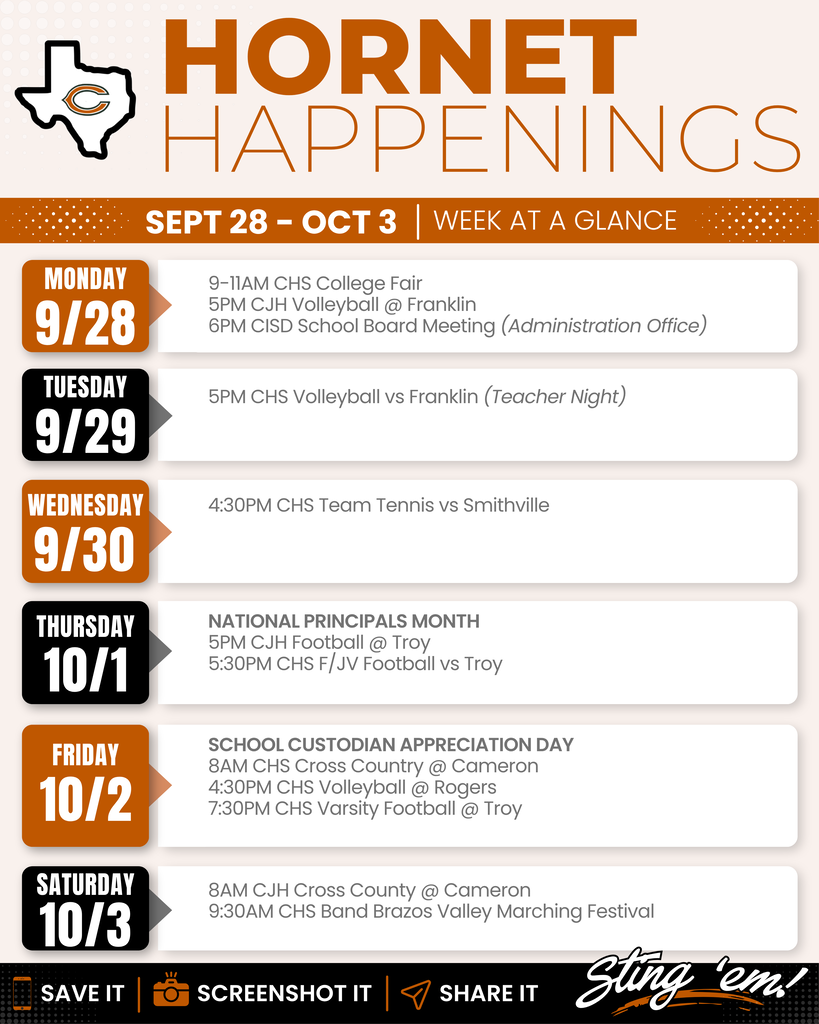 📅 HORNET HAPPENINGS | SEPT. 28–OCT. 3  A new week is almost here! Take a look at what’s happening across Caldwell ISD and make plans to support our Hornets! 🧡  #CaldwellProud #CaldwellISD