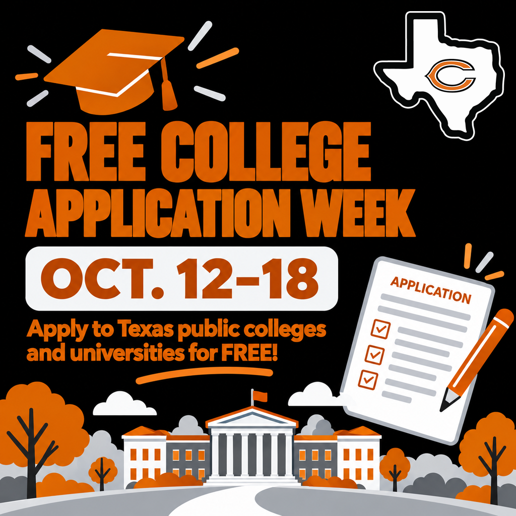 ๐ ๐๐๐ ๐๐๐๐๐๐๐: Your next chapter starts with an application! October 12โ18 is FREE College Application Week at Texas public colleges and universities. CHS seniors, take advantage of this opportunity to apply and save on application fees! ๐งก