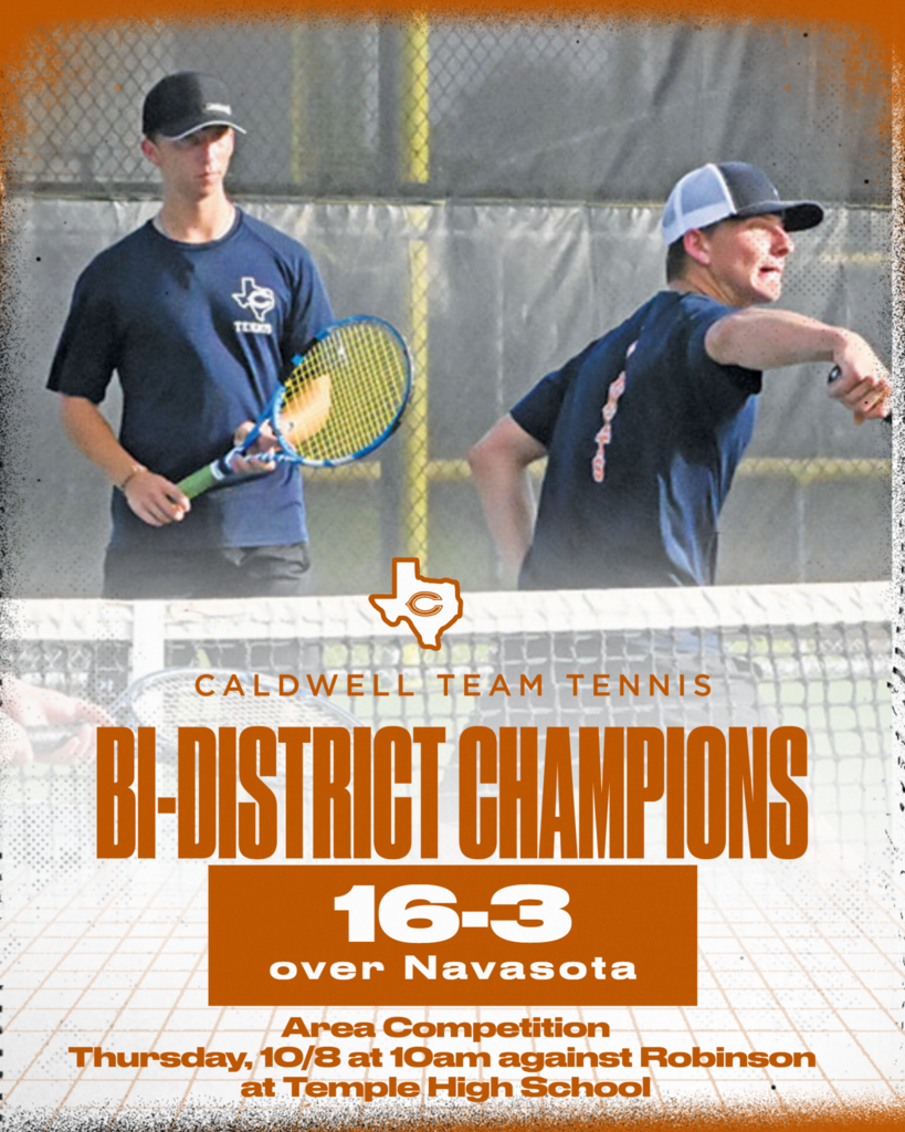 ๐พ BI-DISTRICT CHAMPIONS! ๐งก Congratulations to Caldwell Team Tennis on a 16โ3 win over Navasota! Next up: Area competition against Robinson on Thursday, October 8, at 10 a.m. at Temple High School. Keep it going, Hornets!