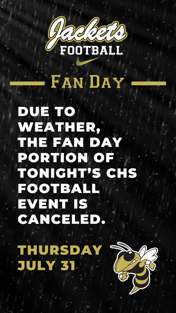 Due to weather, the Fan Day portion of tonight’s CHS Football event is canceled. 🏈 Calhoun Rec Football assessments will now take place inside the CHS Gymnasium.