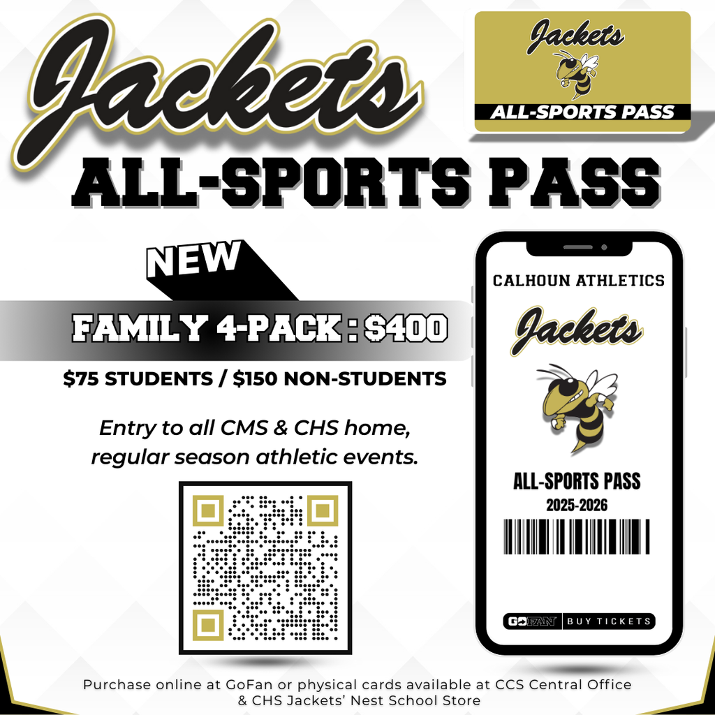 Calhoun Athletics: All-Sports Pass 2025-2026. $75 students, $150 non-students. NEW! Family 4-pack $400